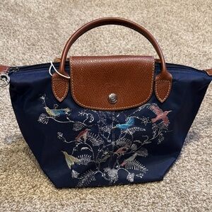 Longchamp Navy Pliage bag Blue Tote with Brown Accents